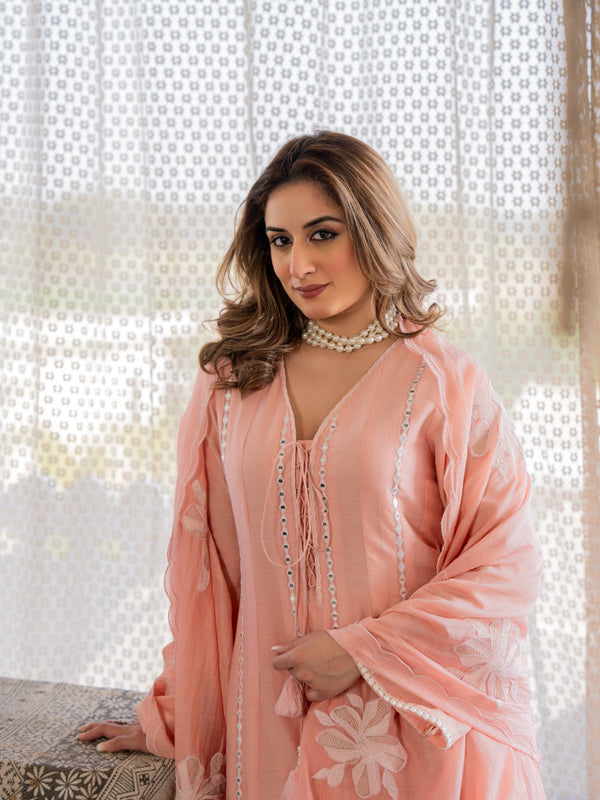Women’s Pink Embroidered Kurta Set with Floral Dupatta