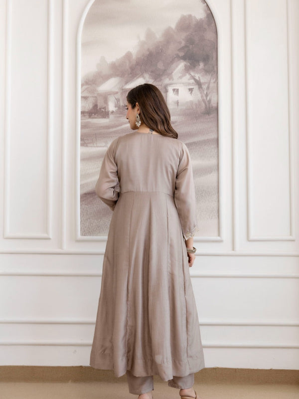 Mushroom Embroidered A-Line Kurta Set with Scalloped Dupatta