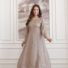 Mushroom Embroidered A-Line Kurta Set with Scalloped Dupatta