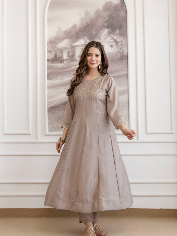 Mushroom Embroidered A-Line Kurta Set with Scalloped Dupatta