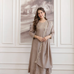Mushroom Embroidered A-Line Kurta Set with Scalloped Dupatta