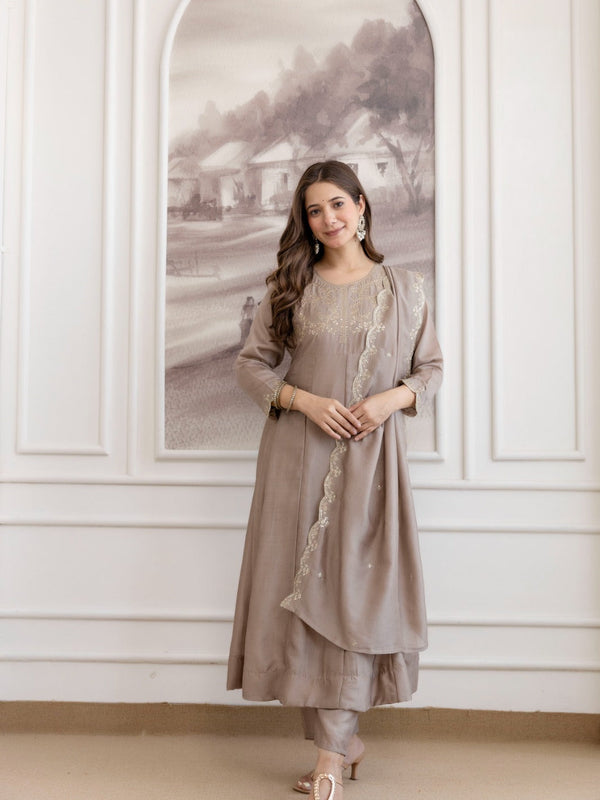 Mushroom Embroidered A-Line Kurta Set with Scalloped Dupatta