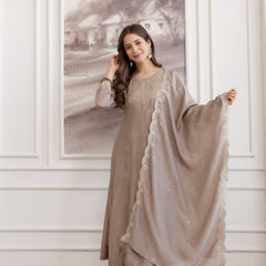 Mushroom Embroidered A-Line Kurta Set with Scalloped Dupatta