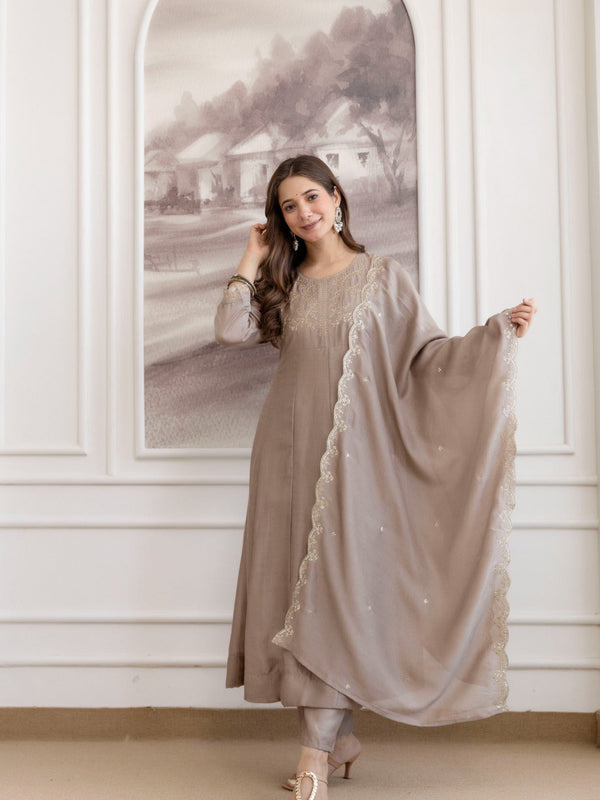Mushroom Embroidered A-Line Kurta Set with Scalloped Dupatta
