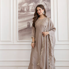 Mushroom Embroidered A-Line Kurta Set with Scalloped Dupatta