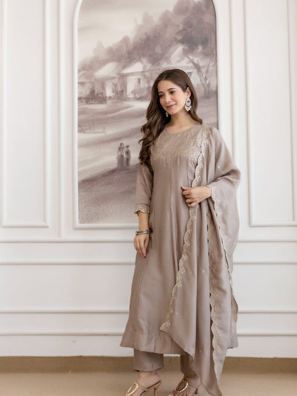 Mushroom Embroidered A-Line Kurta Set with Scalloped Dupatta