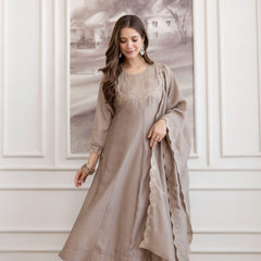 Mushroom Embroidered A-Line Kurta Set with Scalloped Dupatta