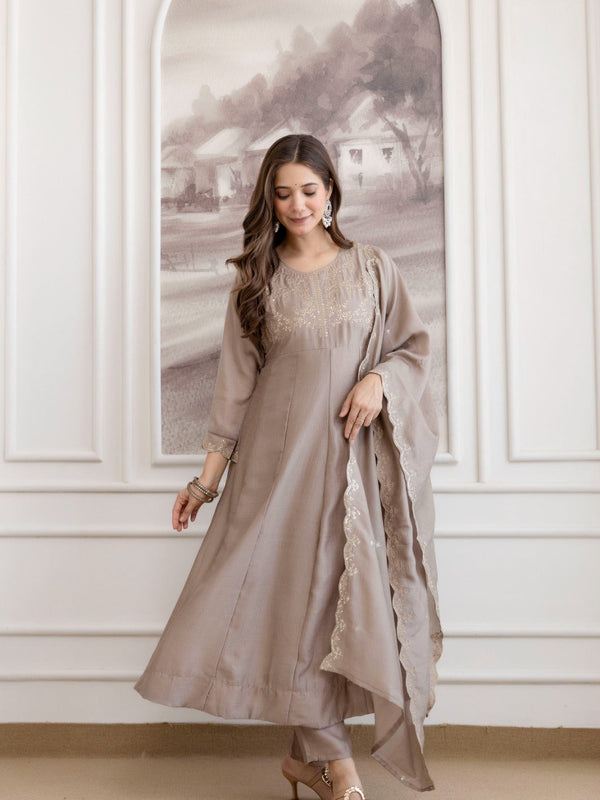 Mushroom Embroidered A-Line Kurta Set with Scalloped Dupatta