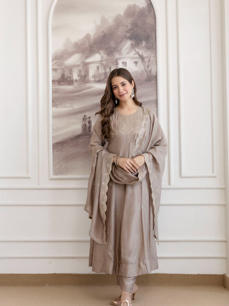 Mushroom Embroidered A-Line Kurta Set with Scalloped Dupatta