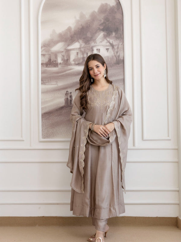 Mushroom Embroidered A-Line Kurta Set with Scalloped Dupatta