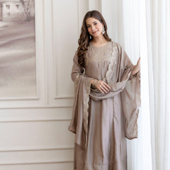 Mushroom Embroidered A-Line Kurta Set with Scalloped Dupatta