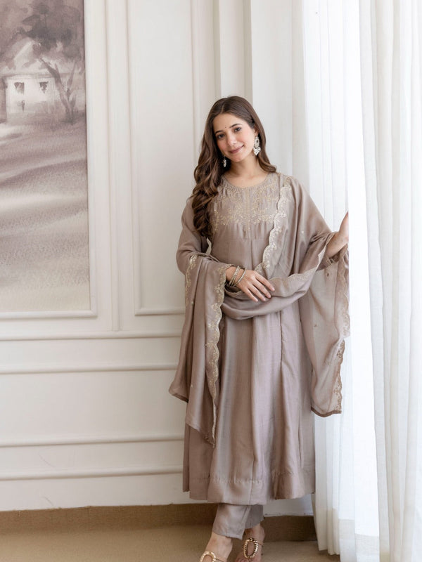 Mushroom Embroidered A-Line Kurta Set with Scalloped Dupatta