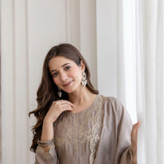 Mushroom Embroidered A-Line Kurta Set with Scalloped Dupatta