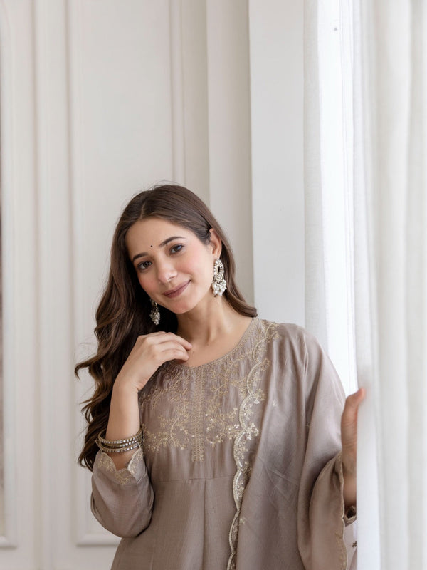 Mushroom Embroidered A-Line Kurta Set with Scalloped Dupatta