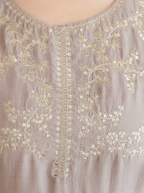 Mushroom Embroidered A-Line Kurta Set with Scalloped Dupatta