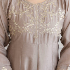 Mushroom Embroidered A-Line Kurta Set with Scalloped Dupatta