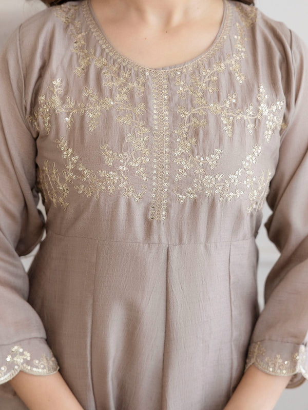 Mushroom Embroidered A-Line Kurta Set with Scalloped Dupatta