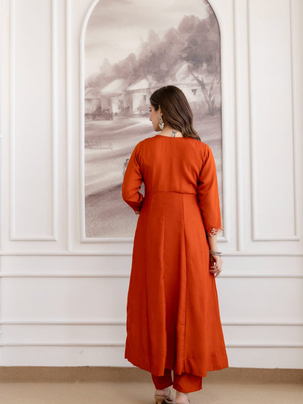 Mushroom Embroidered A-Line Kurta Set with Scalloped Dupatta