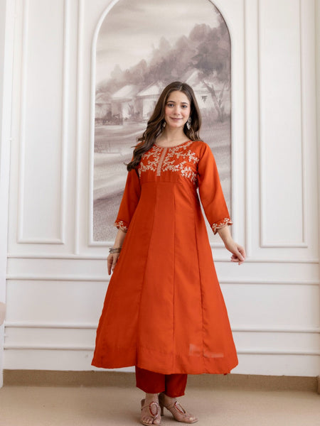 Mushroom Embroidered A-Line Kurta Set with Scalloped Dupatta
