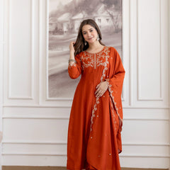 Mushroom Embroidered A-Line Kurta Set with Scalloped Dupatta