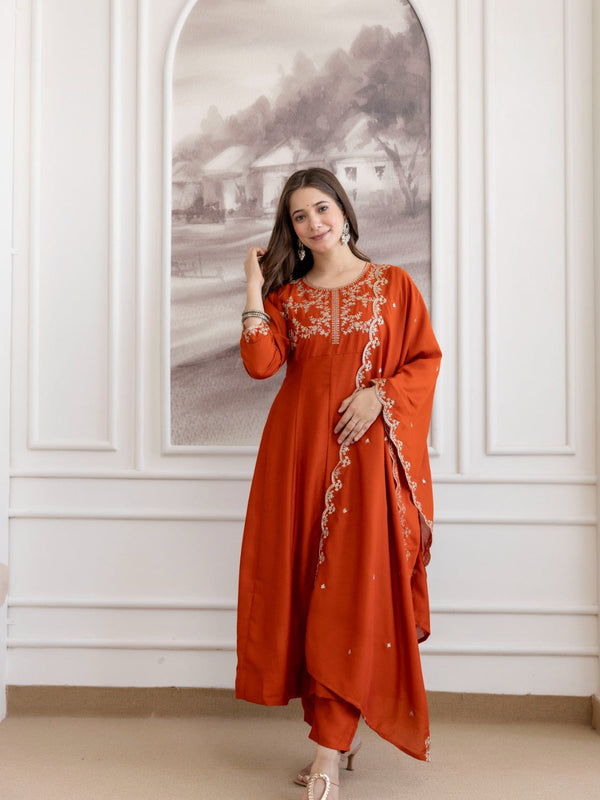 Mushroom Embroidered A-Line Kurta Set with Scalloped Dupatta