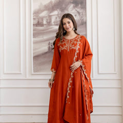 Mushroom Embroidered A-Line Kurta Set with Scalloped Dupatta