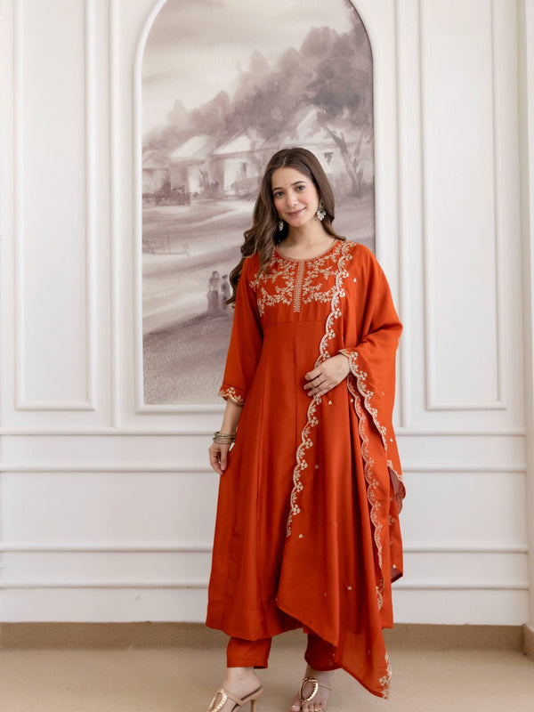 Mushroom Embroidered A-Line Kurta Set with Scalloped Dupatta