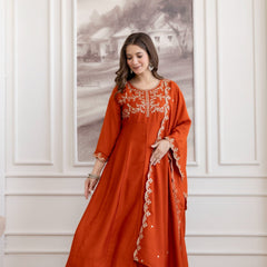 Mushroom Embroidered A-Line Kurta Set with Scalloped Dupatta
