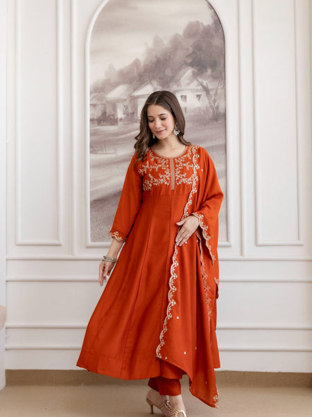 Mushroom Embroidered A-Line Kurta Set with Scalloped Dupatta