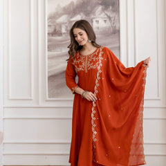 Mushroom Embroidered A-Line Kurta Set with Scalloped Dupatta