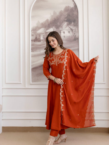 Mushroom Embroidered A-Line Kurta Set with Scalloped Dupatta