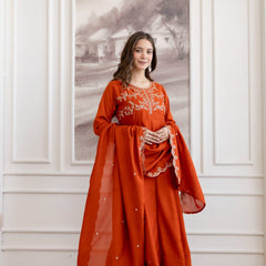 Mushroom Embroidered A-Line Kurta Set with Scalloped Dupatta