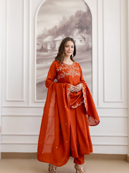 Mushroom Embroidered A-Line Kurta Set with Scalloped Dupatta