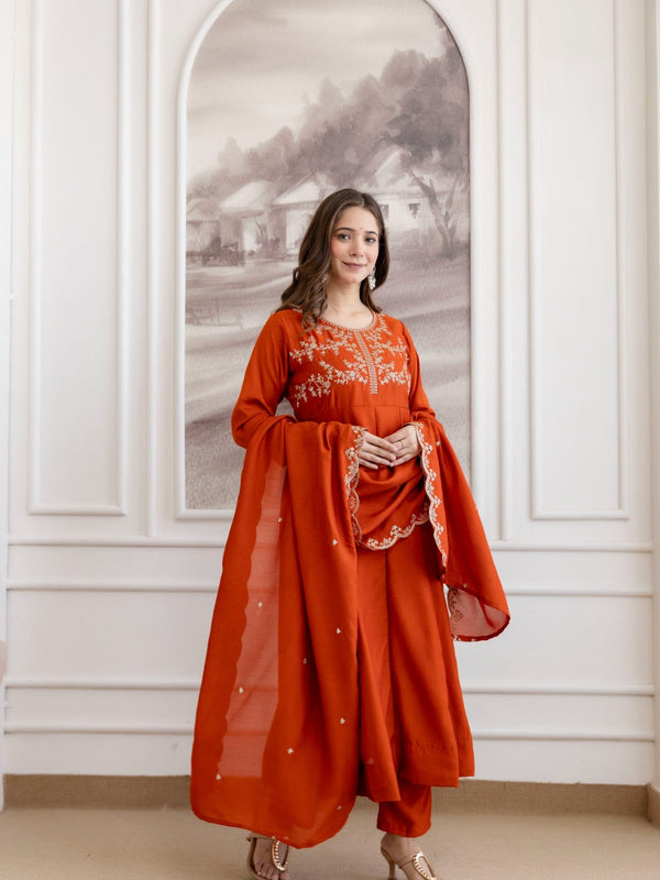 Mushroom Embroidered A-Line Kurta Set with Scalloped Dupatta