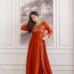Mushroom Embroidered A-Line Kurta Set with Scalloped Dupatta