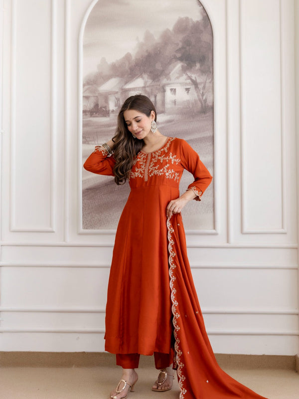 Mushroom Embroidered A-Line Kurta Set with Scalloped Dupatta