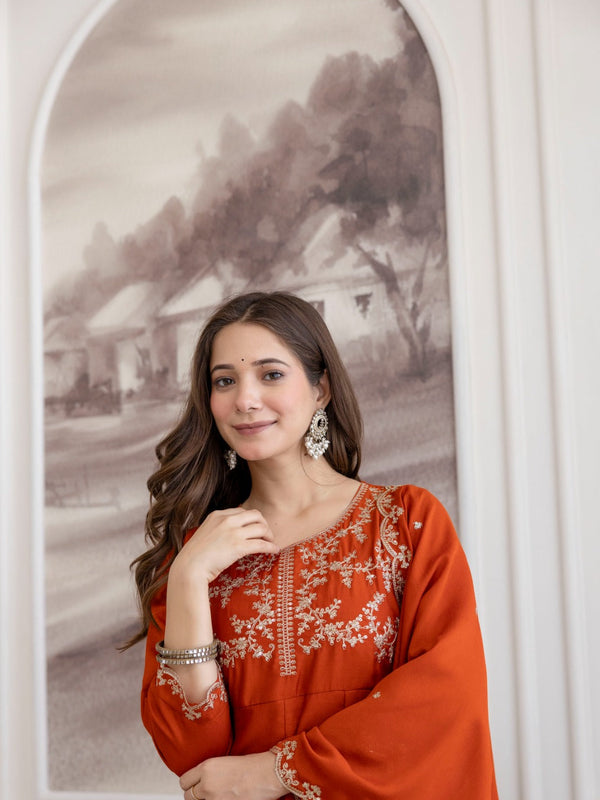 Mushroom Embroidered A-Line Kurta Set with Scalloped Dupatta