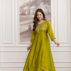 Mushroom Embroidered A-Line Kurta Set with Scalloped Dupatta