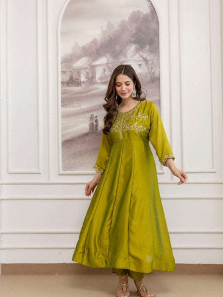 Mushroom Embroidered A-Line Kurta Set with Scalloped Dupatta