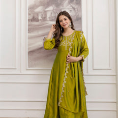 Mushroom Embroidered A-Line Kurta Set with Scalloped Dupatta