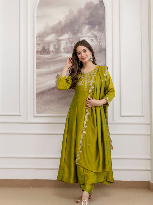 Mushroom Embroidered A-Line Kurta Set with Scalloped Dupatta