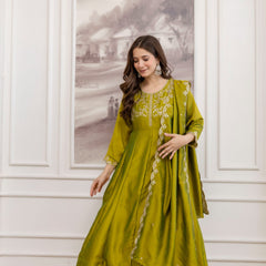 Mushroom Embroidered A-Line Kurta Set with Scalloped Dupatta