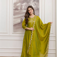 Mushroom Embroidered A-Line Kurta Set with Scalloped Dupatta