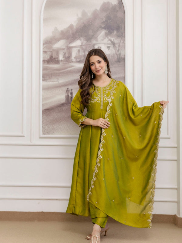 Mushroom Embroidered A-Line Kurta Set with Scalloped Dupatta