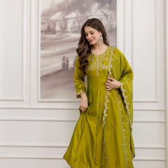 Mushroom Embroidered A-Line Kurta Set with Scalloped Dupatta
