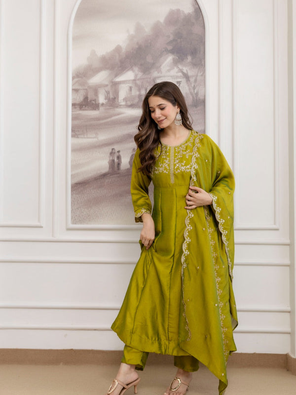 Mushroom Embroidered A-Line Kurta Set with Scalloped Dupatta