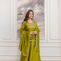Mushroom Embroidered A-Line Kurta Set with Scalloped Dupatta
