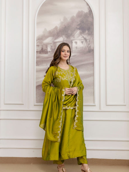 Mushroom Embroidered A-Line Kurta Set with Scalloped Dupatta