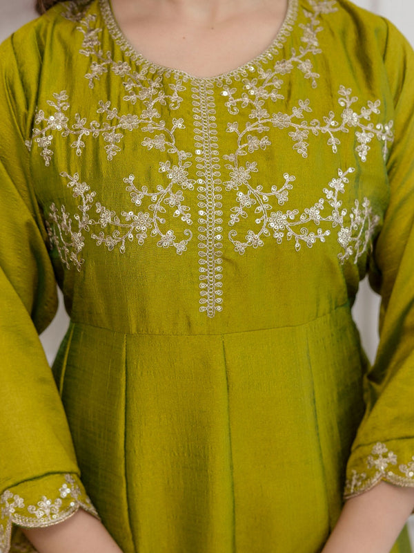 Mushroom Embroidered A-Line Kurta Set with Scalloped Dupatta