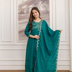 Mushroom Embroidered A-Line Kurta Set with Scalloped Dupatta